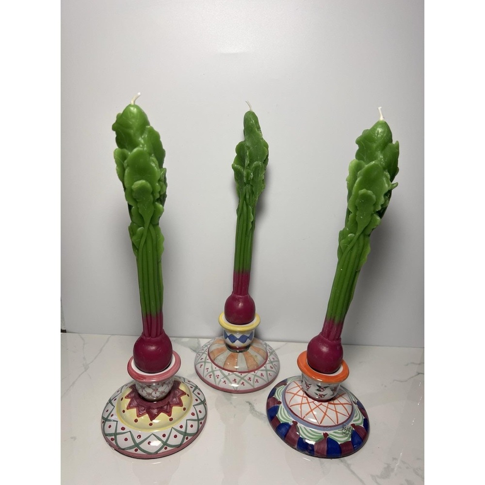 VTG Ceramic Candlestick Holders Mackenzie Style Hand Painted Colorful 3 Piece